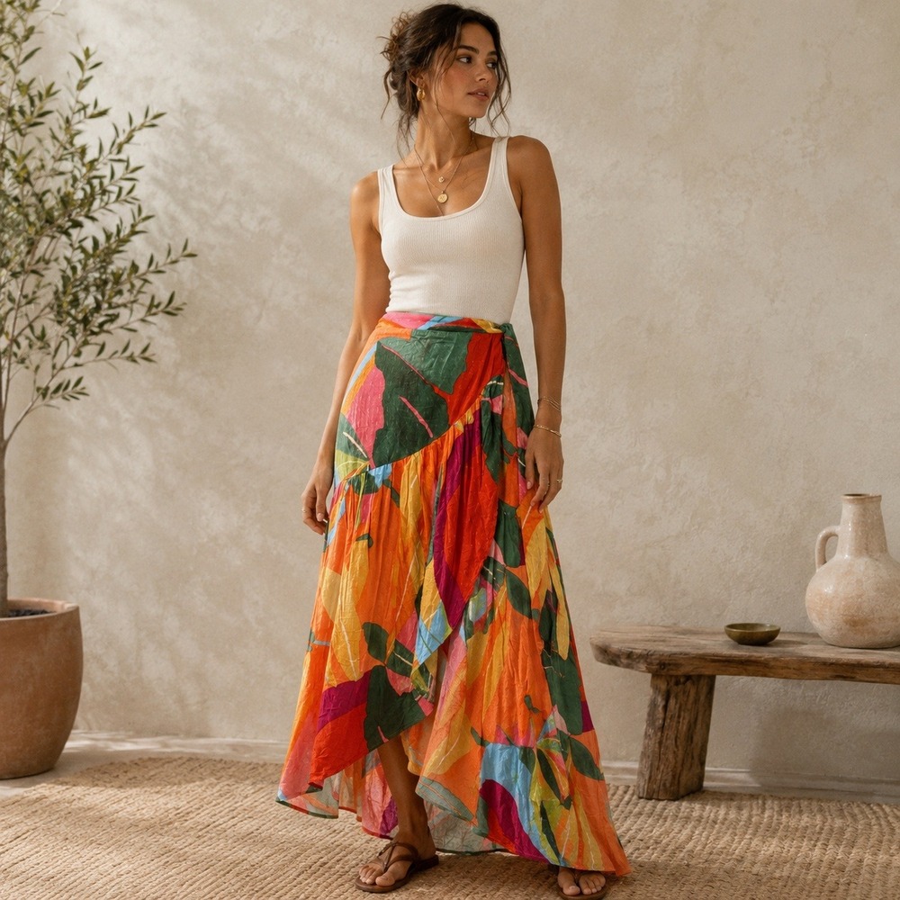 Christian Siriano Wrap Tropical Ruffle Maxi Skirt Size S Asymmetric Tiered Boho - Picture 1 of 11